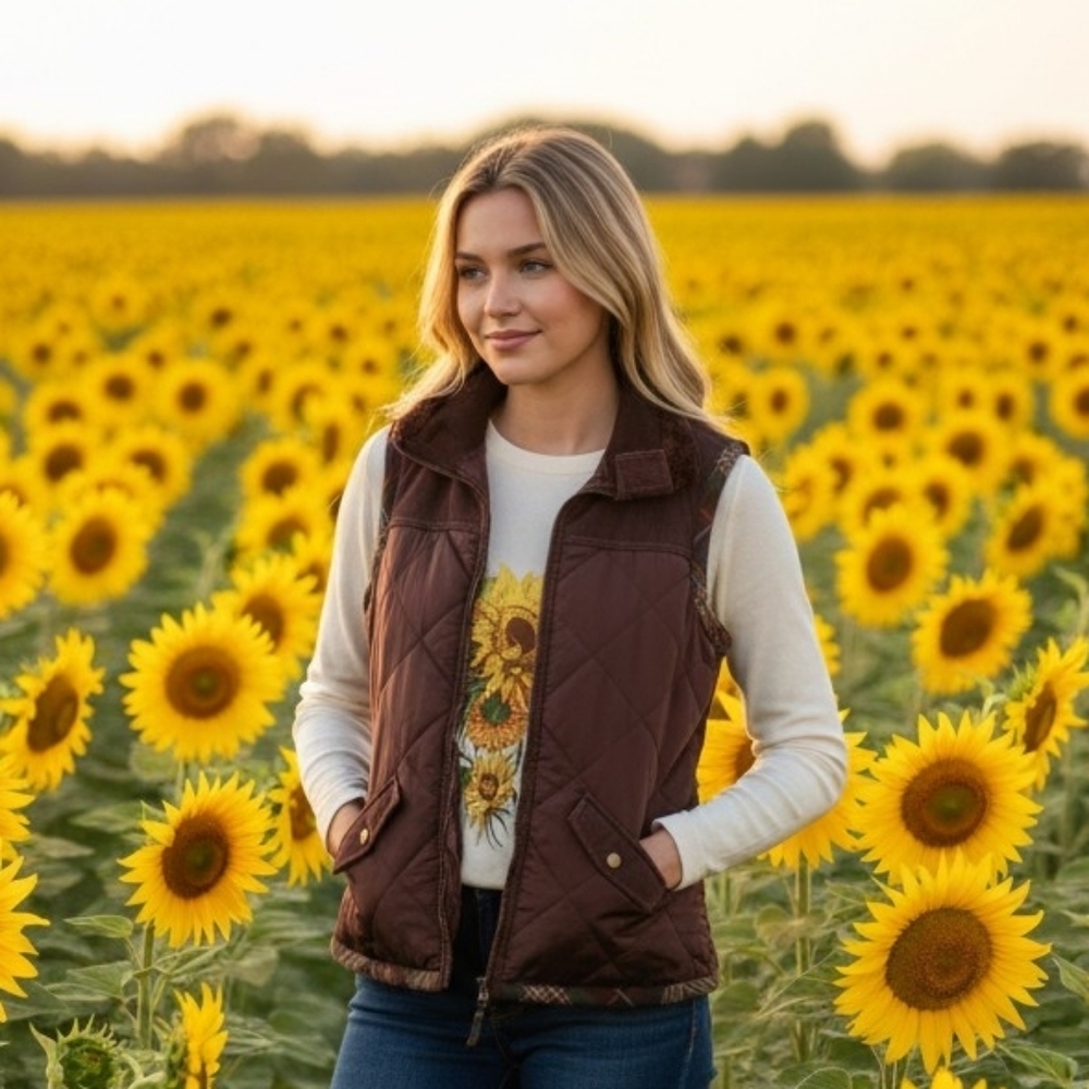 CAbi Chocolate EspresBrown Quilted Women's Vest With Sunflower Printed Interior